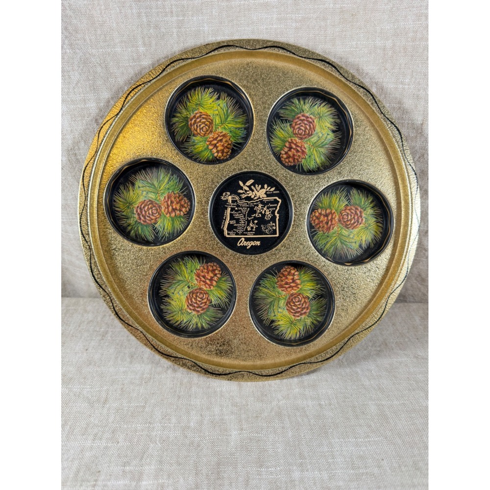Vintage Oregon Pinecone Coaster Tray Set Gold Metal Barware 1960s MCM